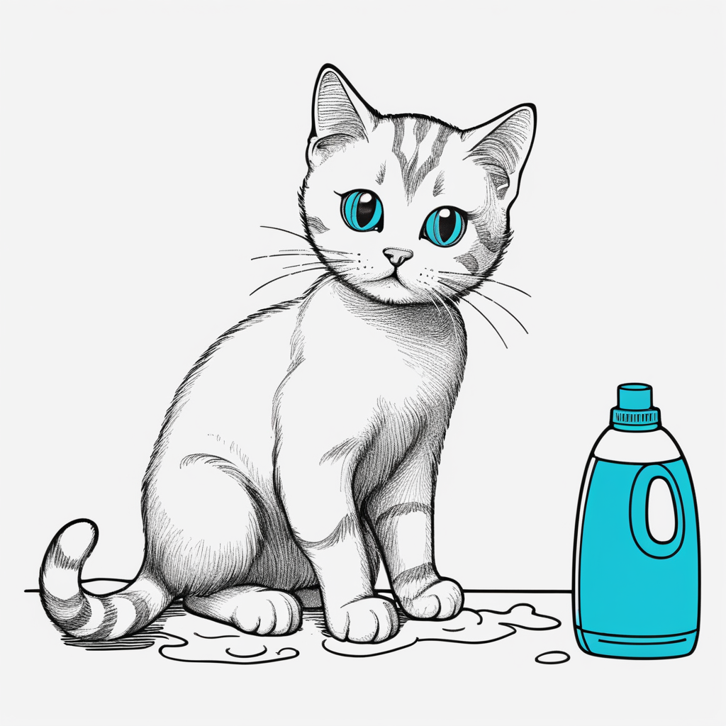 please create the drawing of a cat near a bottle of liquid detergent