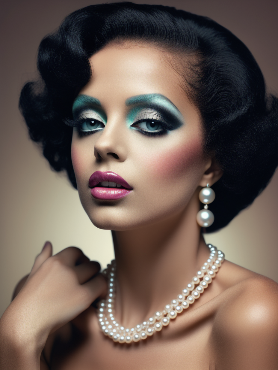 a close up of a nude woman with a black dress and a pearl necklace, perfect colorful eye shadows, inspired by betty davis, perfect body face and hands, profile picture, images on the sales website, beautiful android woman, muted colour