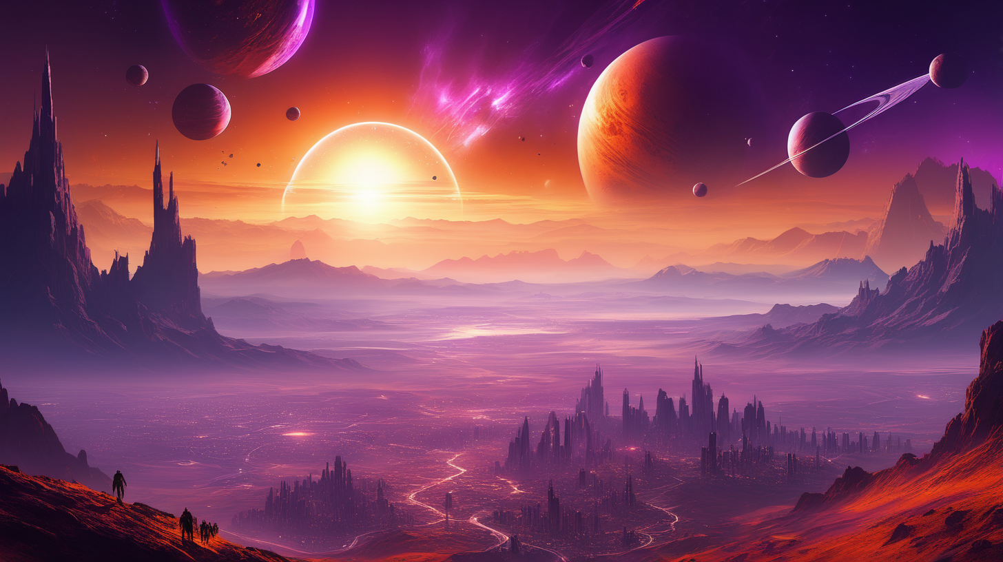Make a fantastic fantasy and sci-fi picture with a lot of purple and orange color, distant planets, magnificent clods and the sun just setting in the distance, spectacular view, mountains here and there, distant cities and buildings in the valley, inspiration from the film Bladrunner.