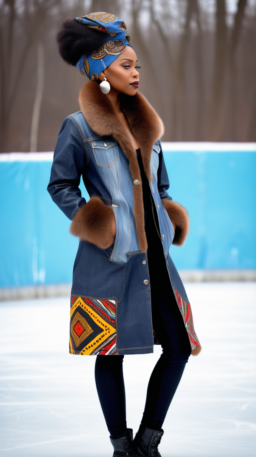 A beautiful black woman wearing an African printed fabric head wrap, Levi denim jacket, restyled into a three quarter length jacket, made of BLACK, lambskin leather, with African printed fabric inserted in various places, show Front, Back, and Side views with stainless buttons, with a fluffy brown mink fur collar, standing at an outdoor ice skating rink, with grey and blue shades and hues in the background