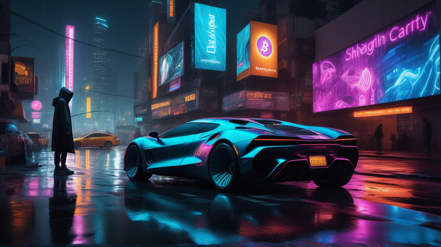 "In the hyper-realistic photograph, the essence of a cyberpunk future is distilled into a single, powerful image. A solitary figure, hooded and anonymous, stands beside a futuristic sports car that looks as though it were carved from shadows and light. The car sits under the glow of a city that never sleeps, where neon billboards blaze not with advertisements, but with the symbols of cryptocurrency: Bitcoin, Ethereum, 'SHIB', each logo casting a radiant sheen on the wet asphalt below. This urban nightscape is alive with the dance of light and color, the brilliance of the billboards reflecting off the sleek lines of the car and the enigmatic presence of the figure beside it, telling a story of the new age of digital currency in a world that's as vivid as it is mysterious."