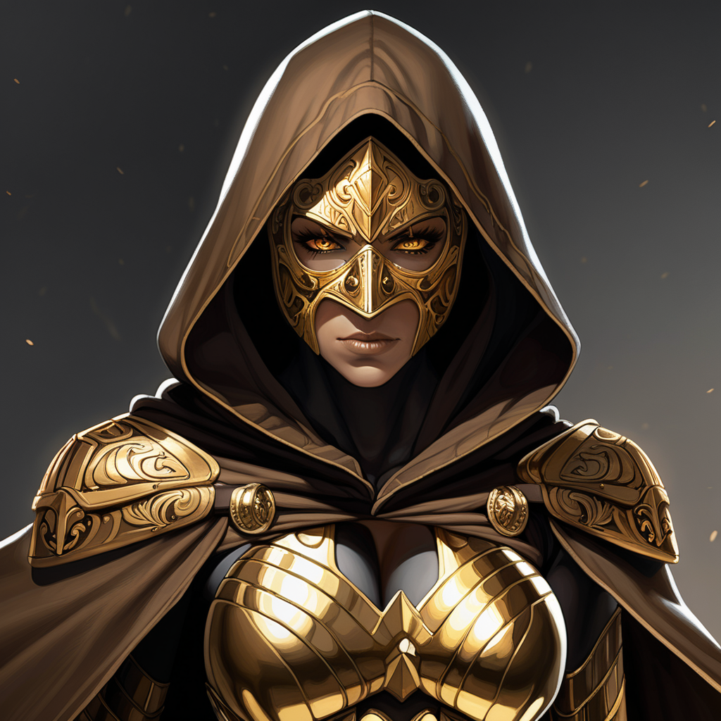 muscular woman with gold eyes wearing a hooded brown cape and wearing gold armor with a dark mask
