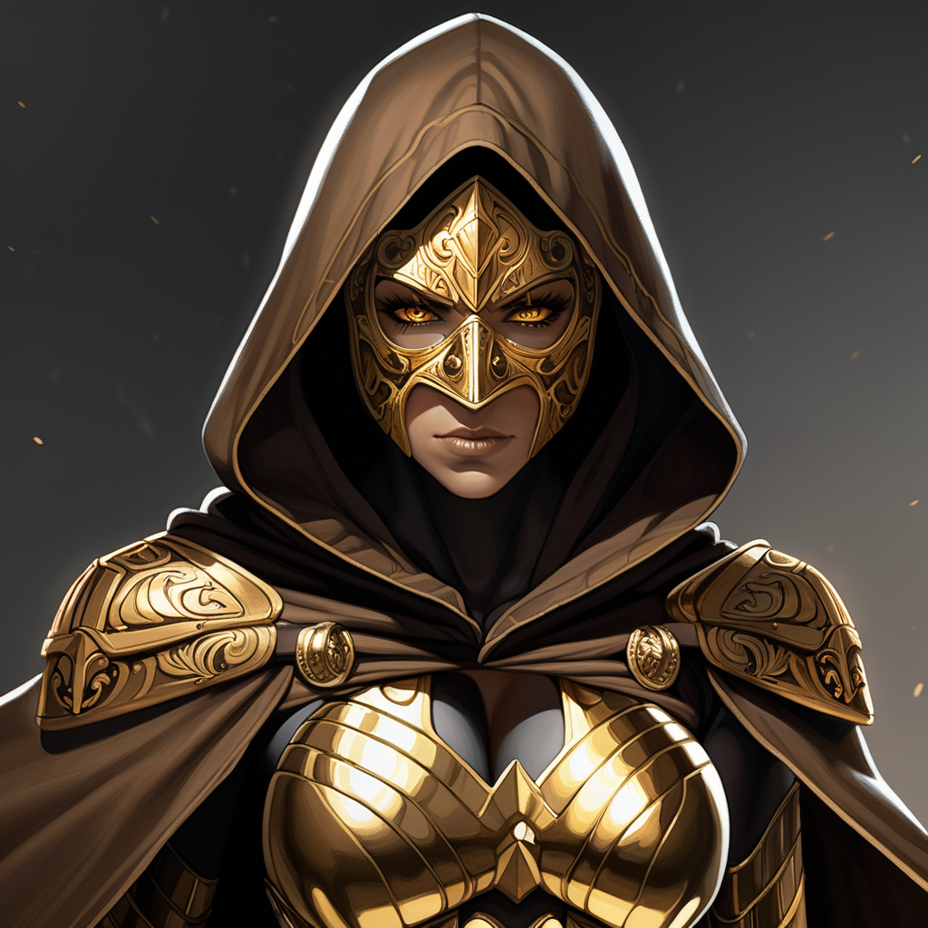 muscular woman with gold eyes wearing a hooded