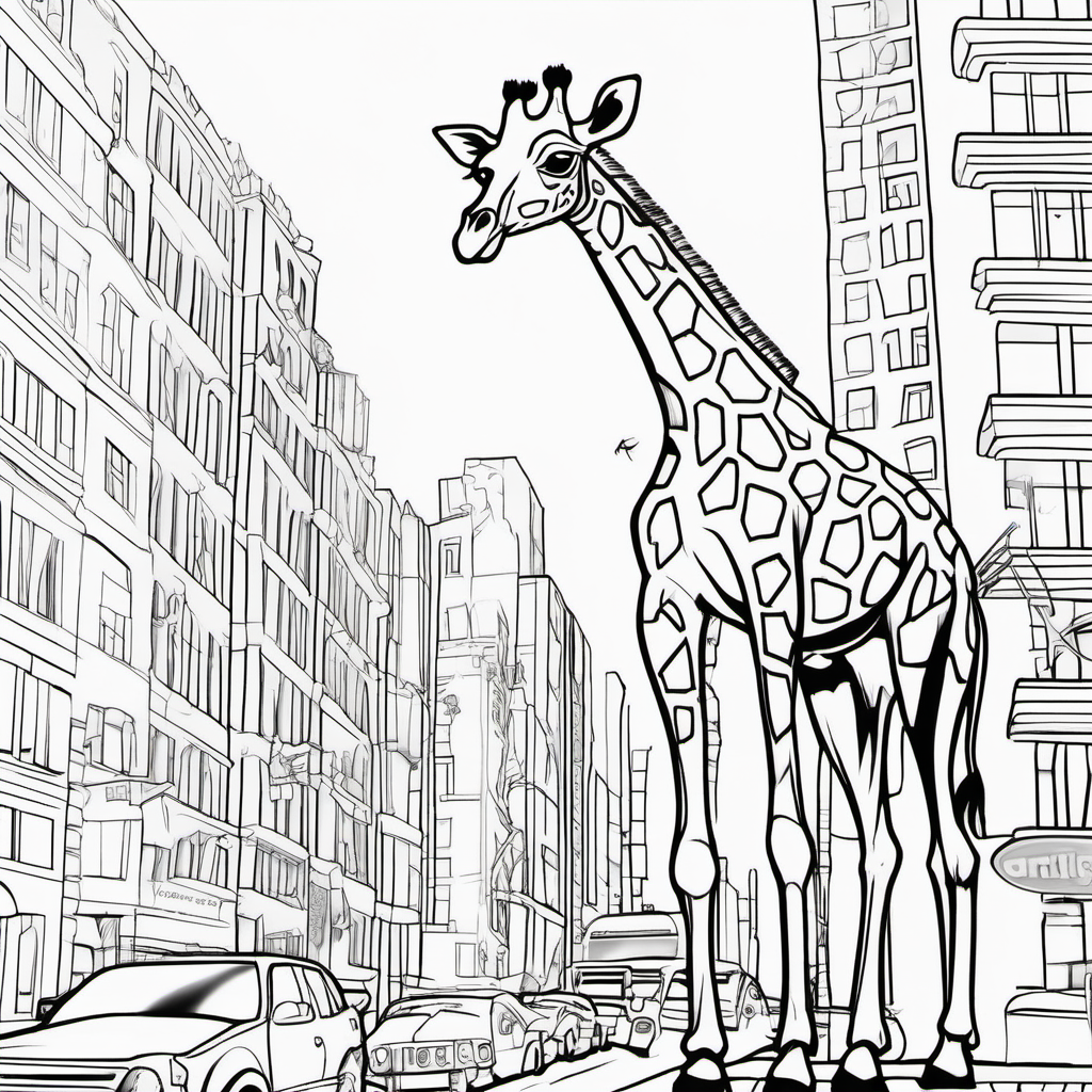 /imagine colouring page for kids, Giraffe rex in a city, Thick Lines, low details, no shading --ar 9:11