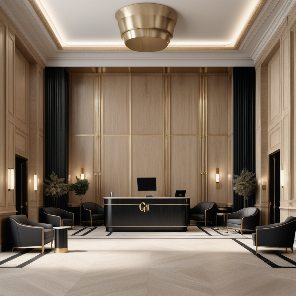 A hyperrealistic image a grand Modern Parisian hotel lobby in a beige oak brass and black colour palette with a waiting area and a check-in desk