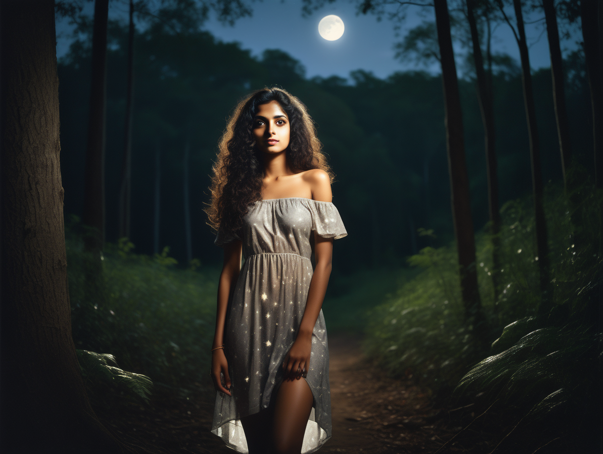 A beautiful slim Indian woman in her twenties with long curly hair , wearing a short off shoulder dress,  in a forest, dark with the big glowing moon above, delicate hands, detailed face, detailed skin, detailed hands, photorealistic, gravure, AV, pro photography, slide film, photo book, moon light, stars, full body shot, soft body, window light, film grain, 35mm