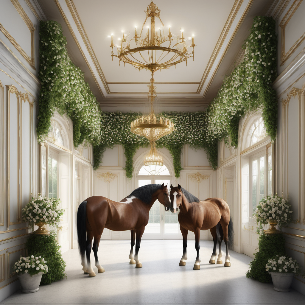 A hyperrealistic image a grand Modern Parisian etsate elegant large open horse stables with clydesdale horses, star jasmine vines, brass chandeliers, 