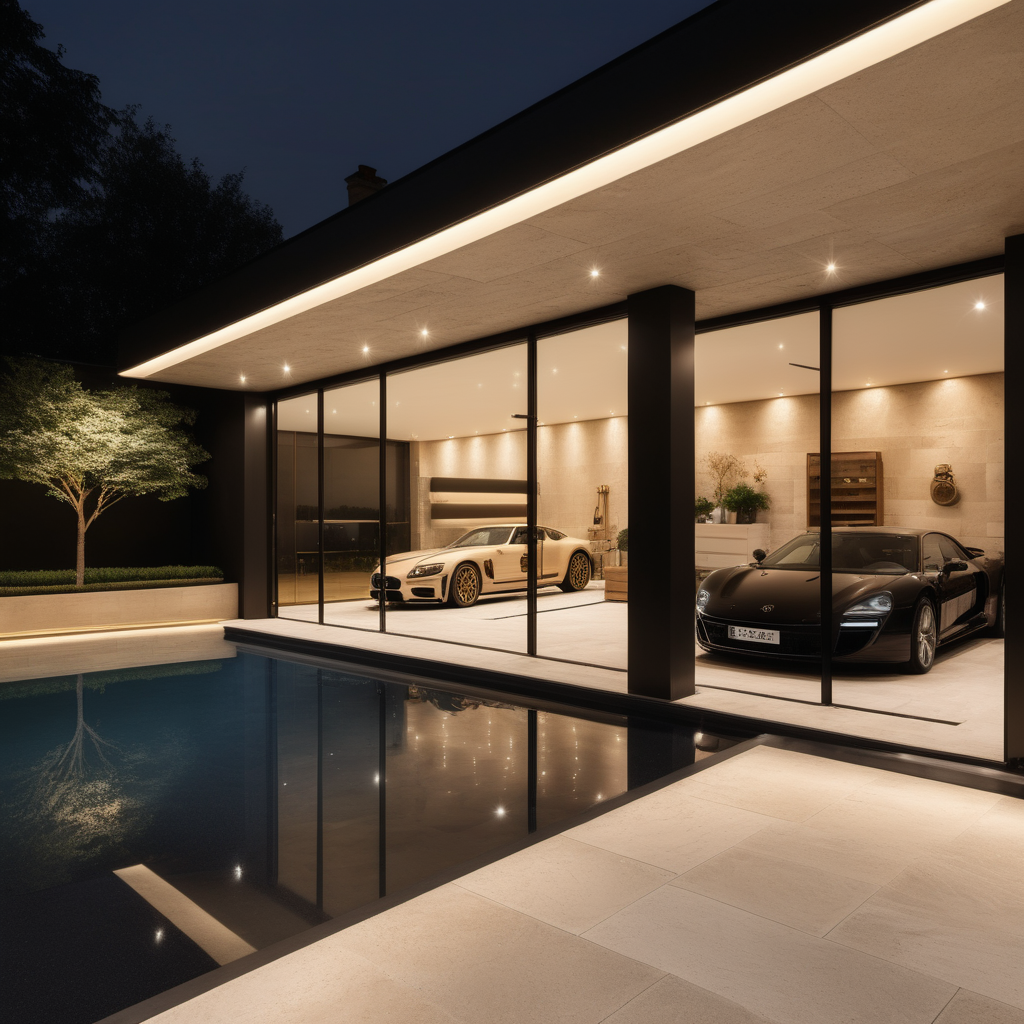 hyperrealistic modern Parisian garage at night; mood lighting;  Limestone pavers; glass ceiling looking into the  pool; beige, oak, brass and black colour palette; 
