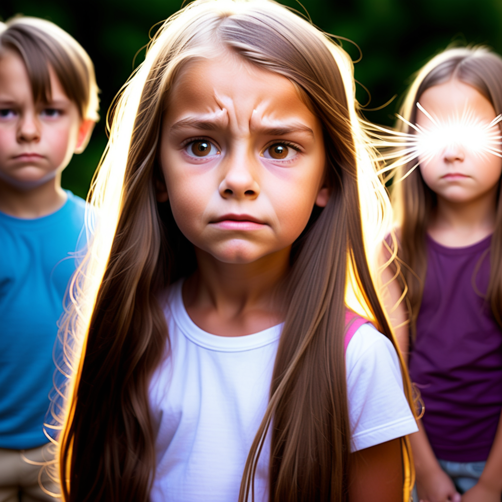  7-year-old girl with long brown hair getting bulied by other kids imagined her glowing white light protecting her, and suddenly, the hurtful words didn't feel so bad. 
