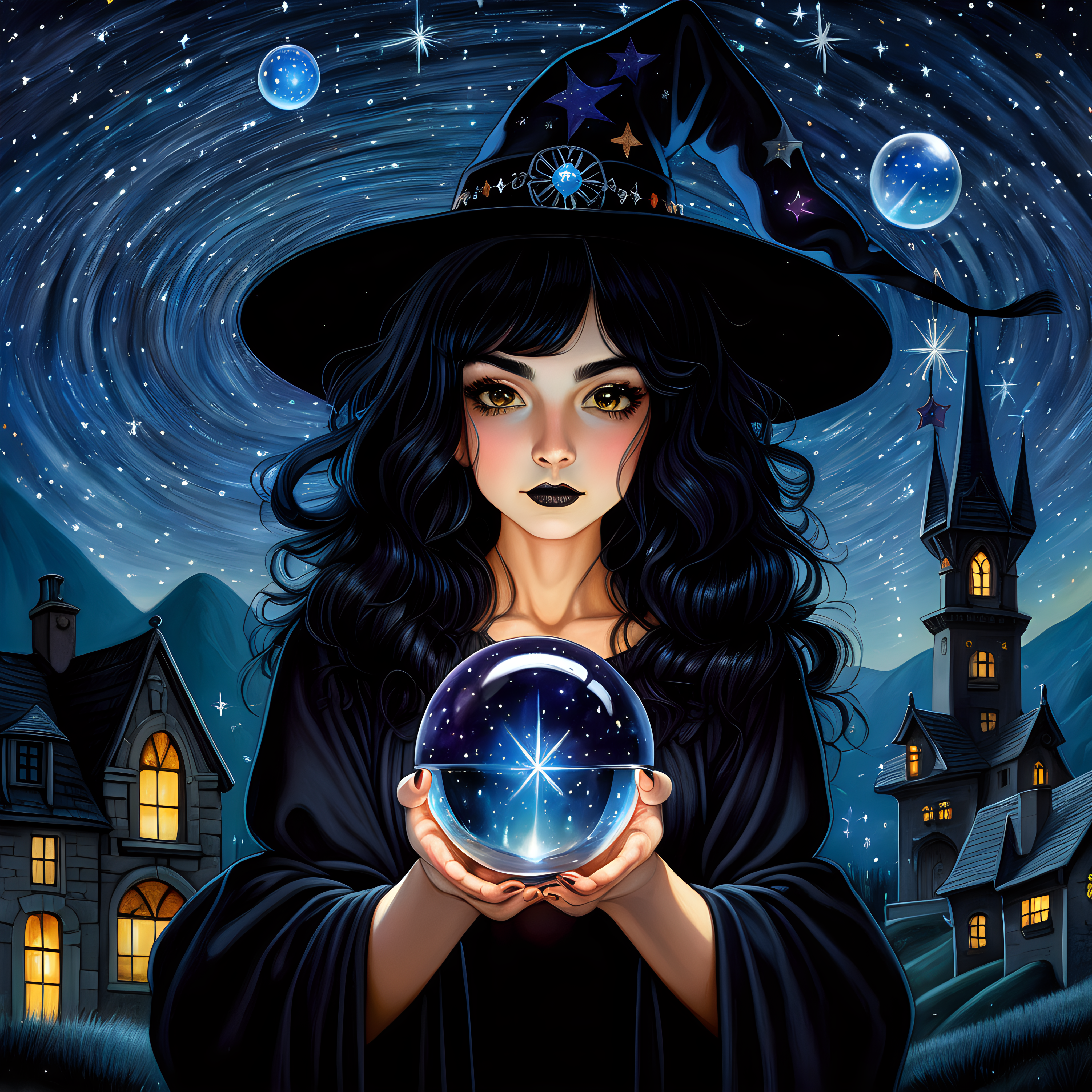 Black hair witch on starry night background holing a crystal ball