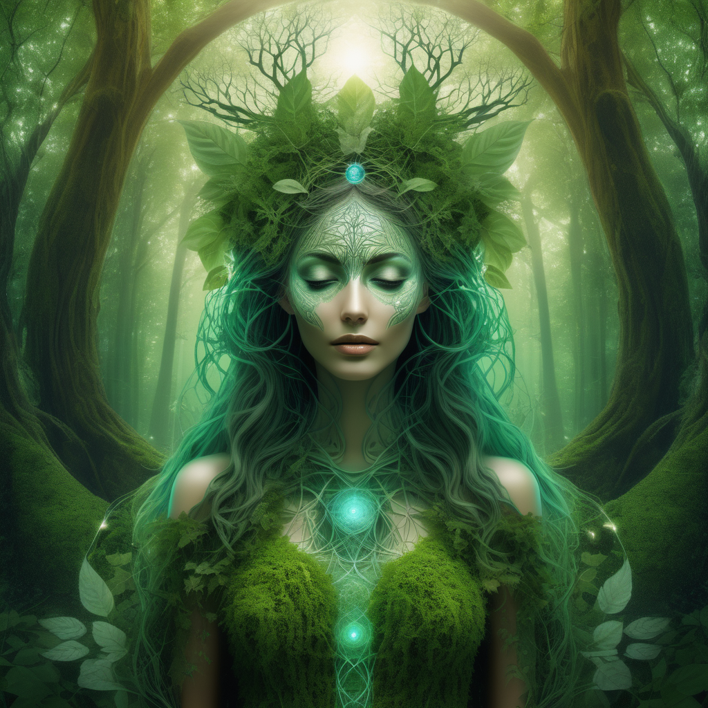 forest goddness beautiful mystic creatures around, regenerative design, connection with nature