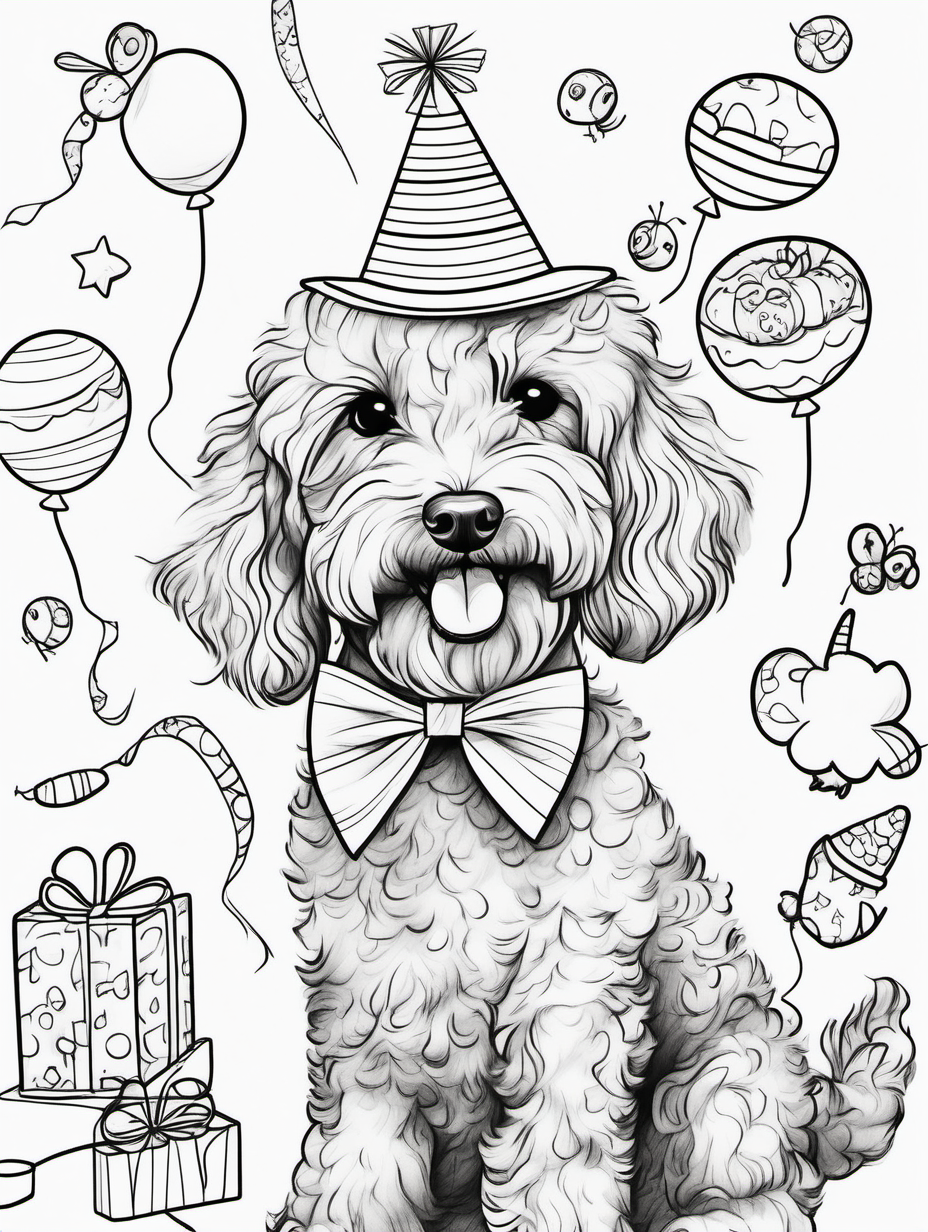 A cute goldendoodle at a whimsical birthday party with other animals in fancy attire for a coloring book with black lines and white background