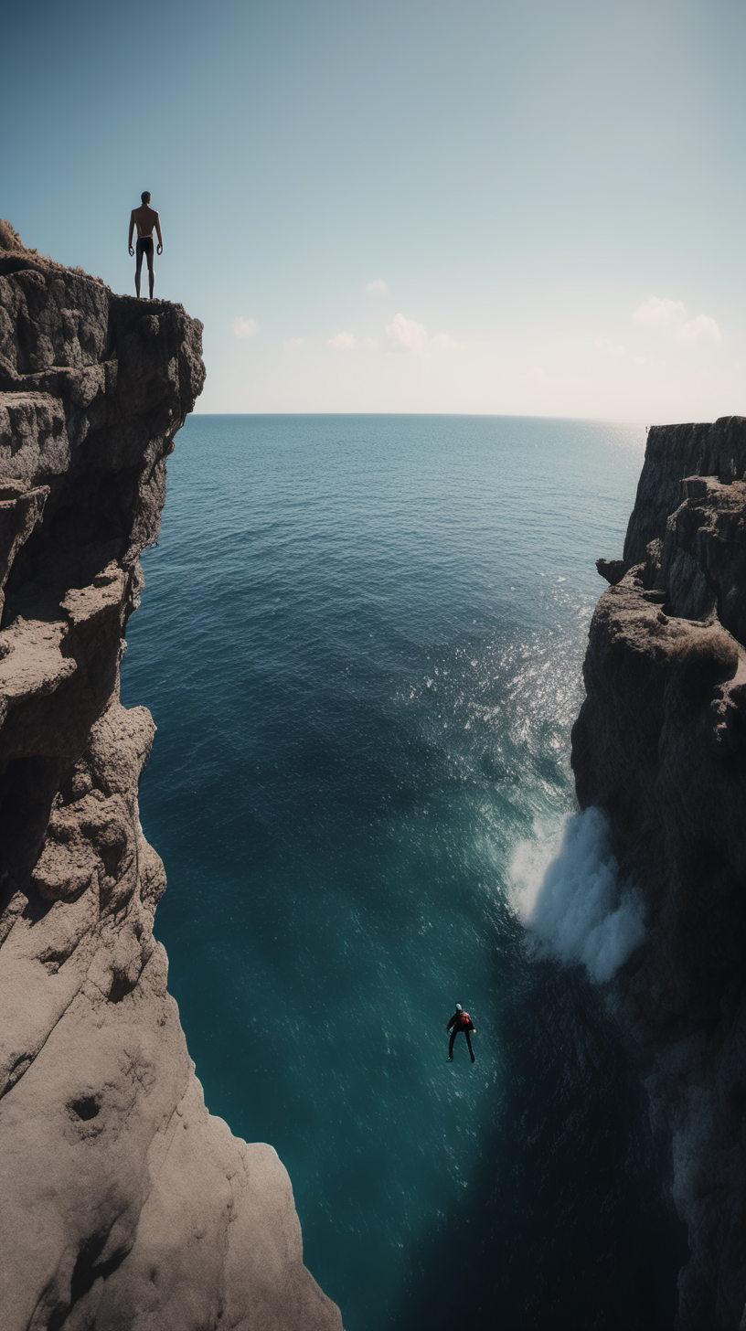 man standing on the edge of a cliff about to dive into the sea 4k