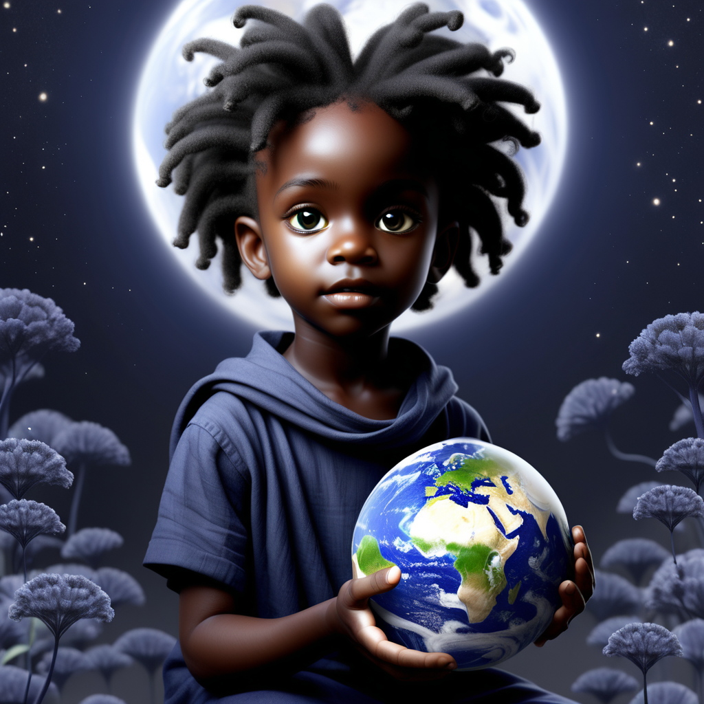 prompt: a black indigo child helping the world