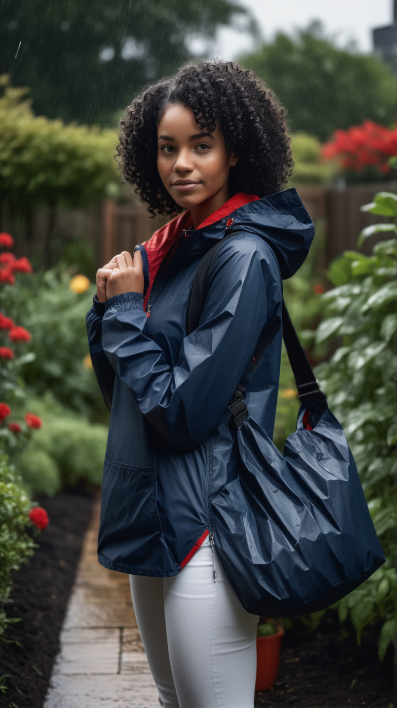 Pretty Black woman with curly, black hair, red, packable, hooded, quarter zip, rain jacket, wearing a white, tee shirt,  wearing navy denim, carrying a black, duffle bag, standing near a garden, 4k, high definition, 1080p resolution