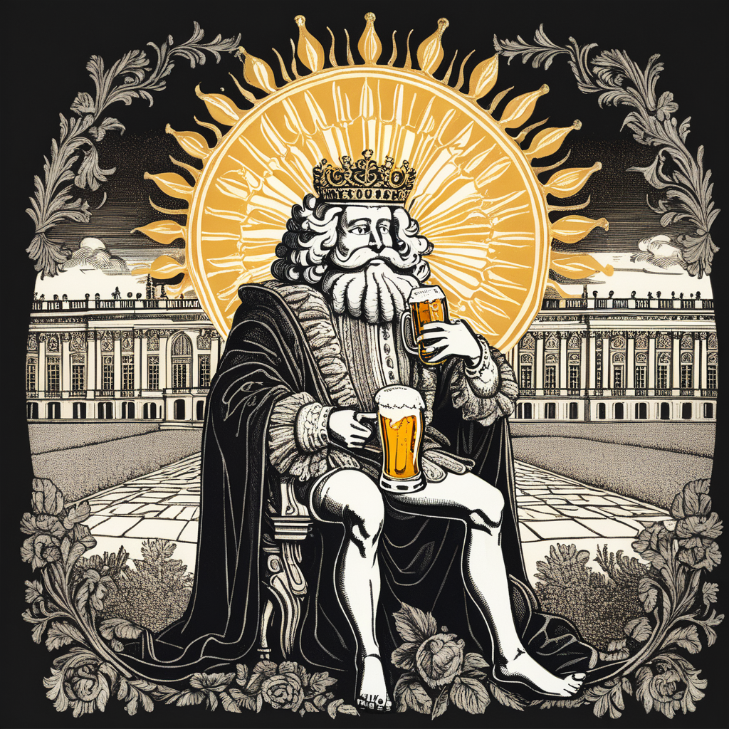 The Sun King portrayed in a dark mood drinking a beer in front of the Versailles in the style of a cartoon
