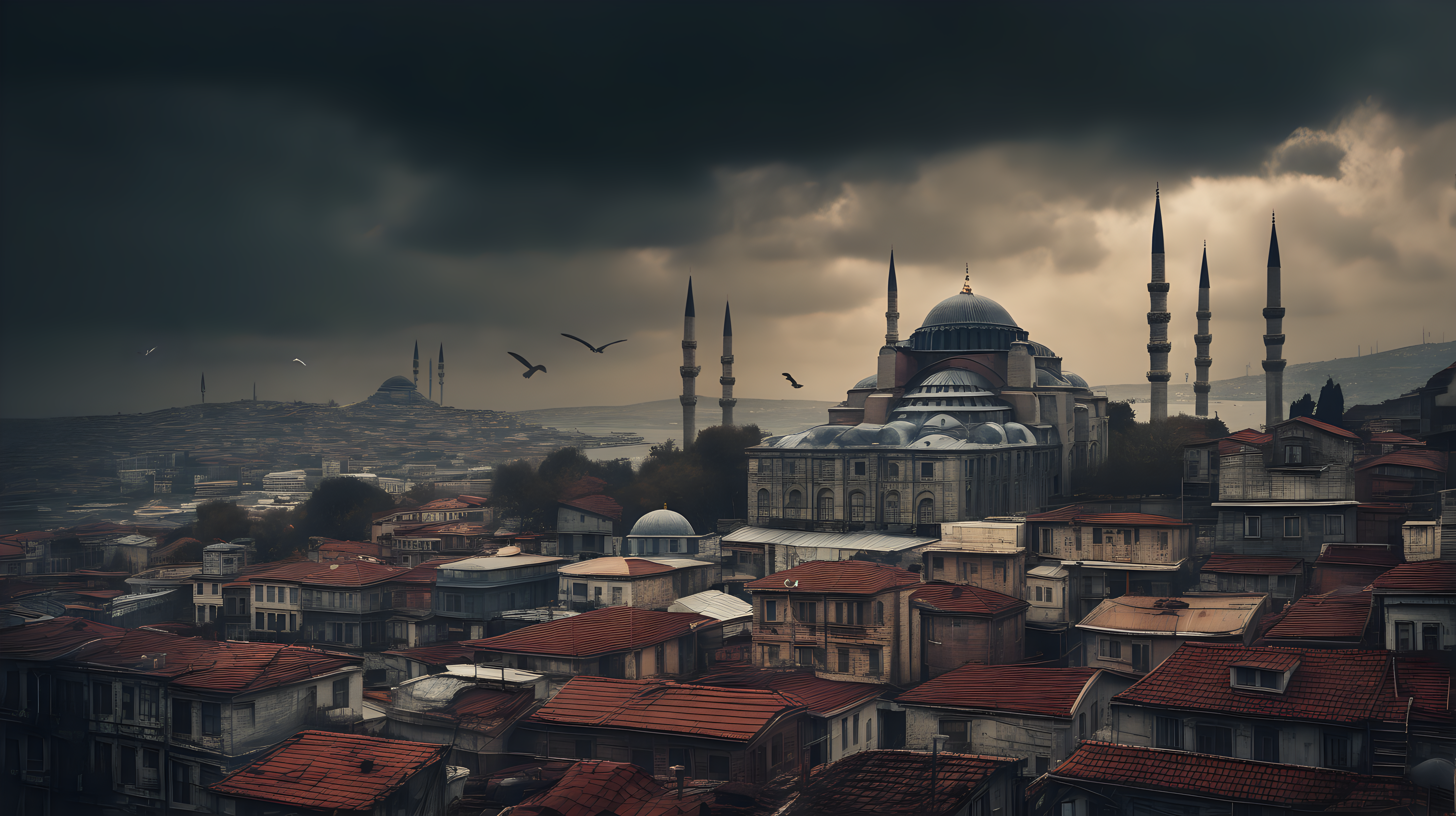 /imagine prompt: Historic Cityscapes, Istanbul, Turkey, year 1500, east roman empire age with its ancient roman structures –v 5.2and the overall moody atmosphere. Use a high-resolution 16k camera with a 16:9 aspect ratio, a raw style, and a quality setting of 2 to capture this atmospheric scene. –ar 16:9 –v 5.2 –style raw