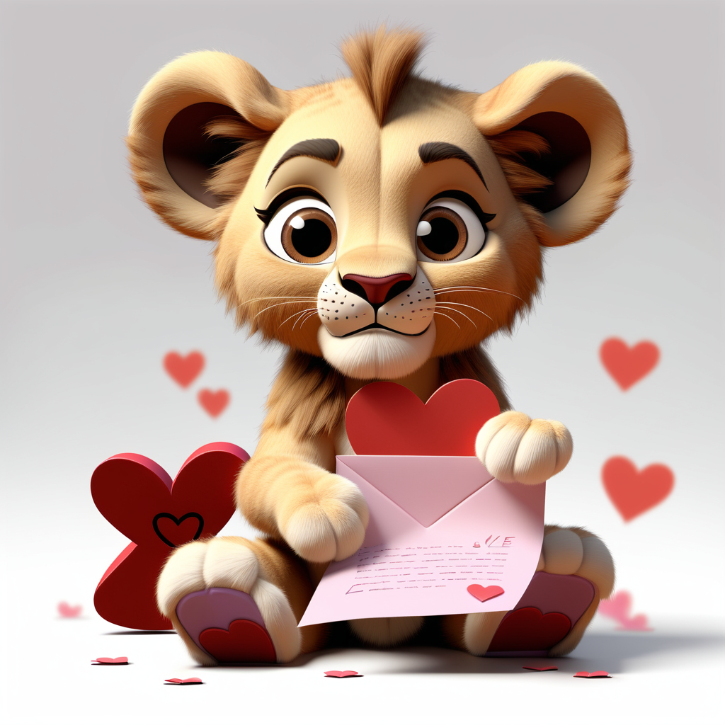 /envision prompt: "Sweet Pixar 3D Lion Cub with Love Letter" in clipart style, a cute lion cub seated on a white background, holding a Valentine's love letter in its paws. The scene captures the innocence of love and the charm of safari animals. --v 5 --stylize 1000