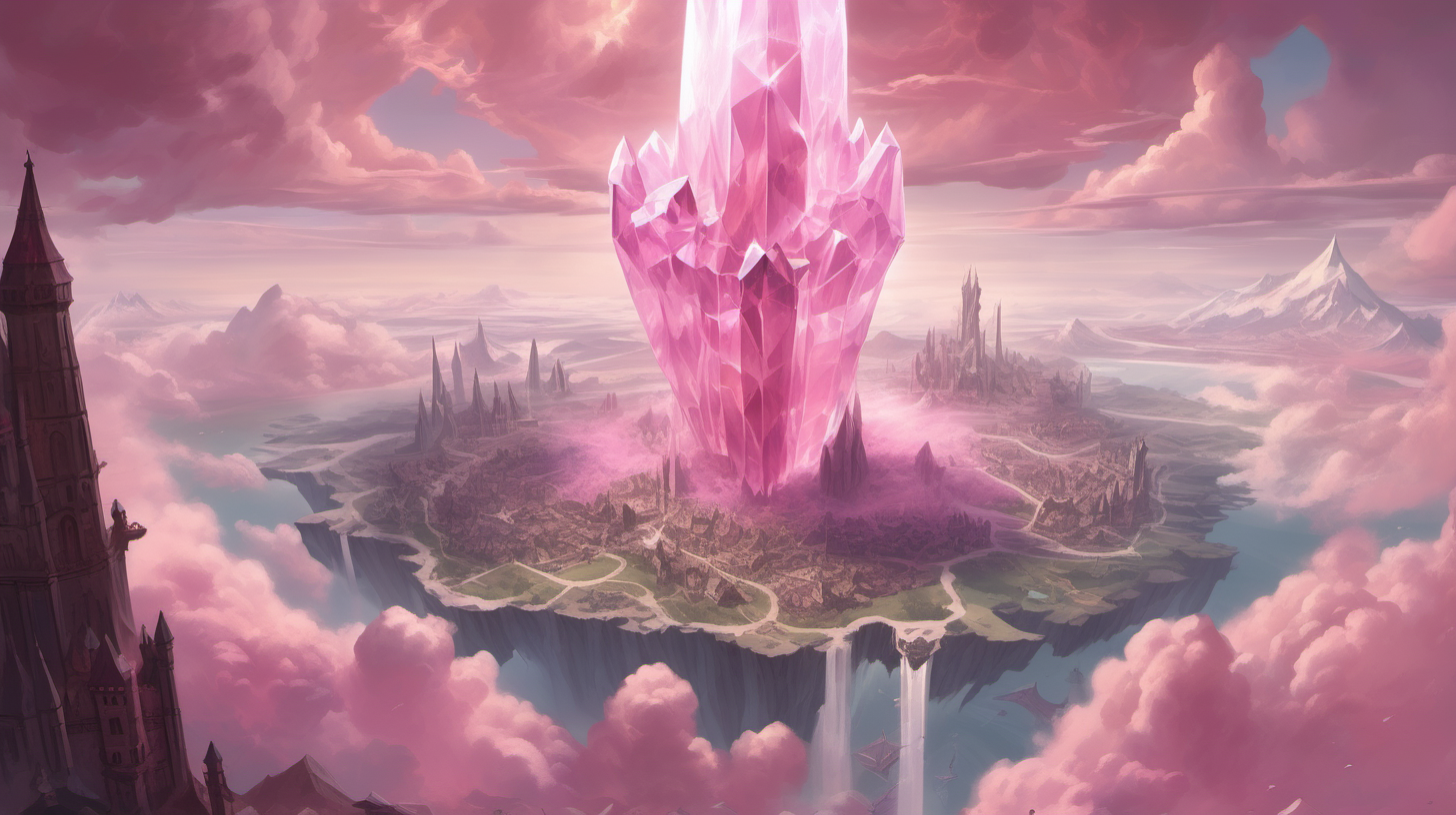 an overhead dungeons and dragons map, a huge dagger-shaped pink crystal floats in the clouds, and landmass surrounds the crystal, on the landmass is a medieval city