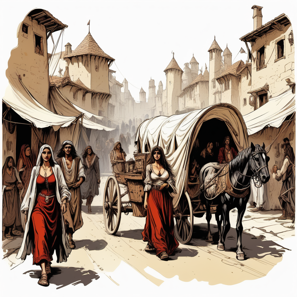 caravan of male  and female gypsies arrives to city in medieval era. thin inklines, Hal foster style



