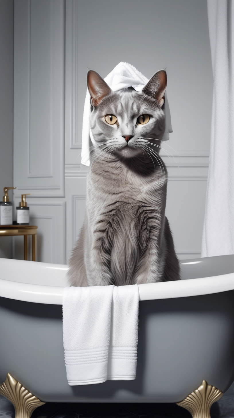 Niedliche elegante graue Katze, die ausgestreckt in einer Badewanne liegt, so dass ihre Hinterbeine von der Wanne aus zu sehen sind, mit einer ((weißen)) Schönheitsmaske auf dem Gesicht, mit einem Badetuch auf dem Kopf, Fotorealismus, Hyperrealismus