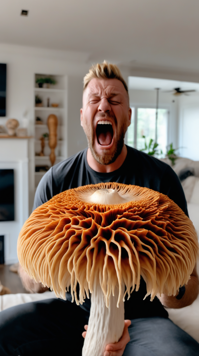 Man holding lionsmane mushroom in his living room screaming how good it is
