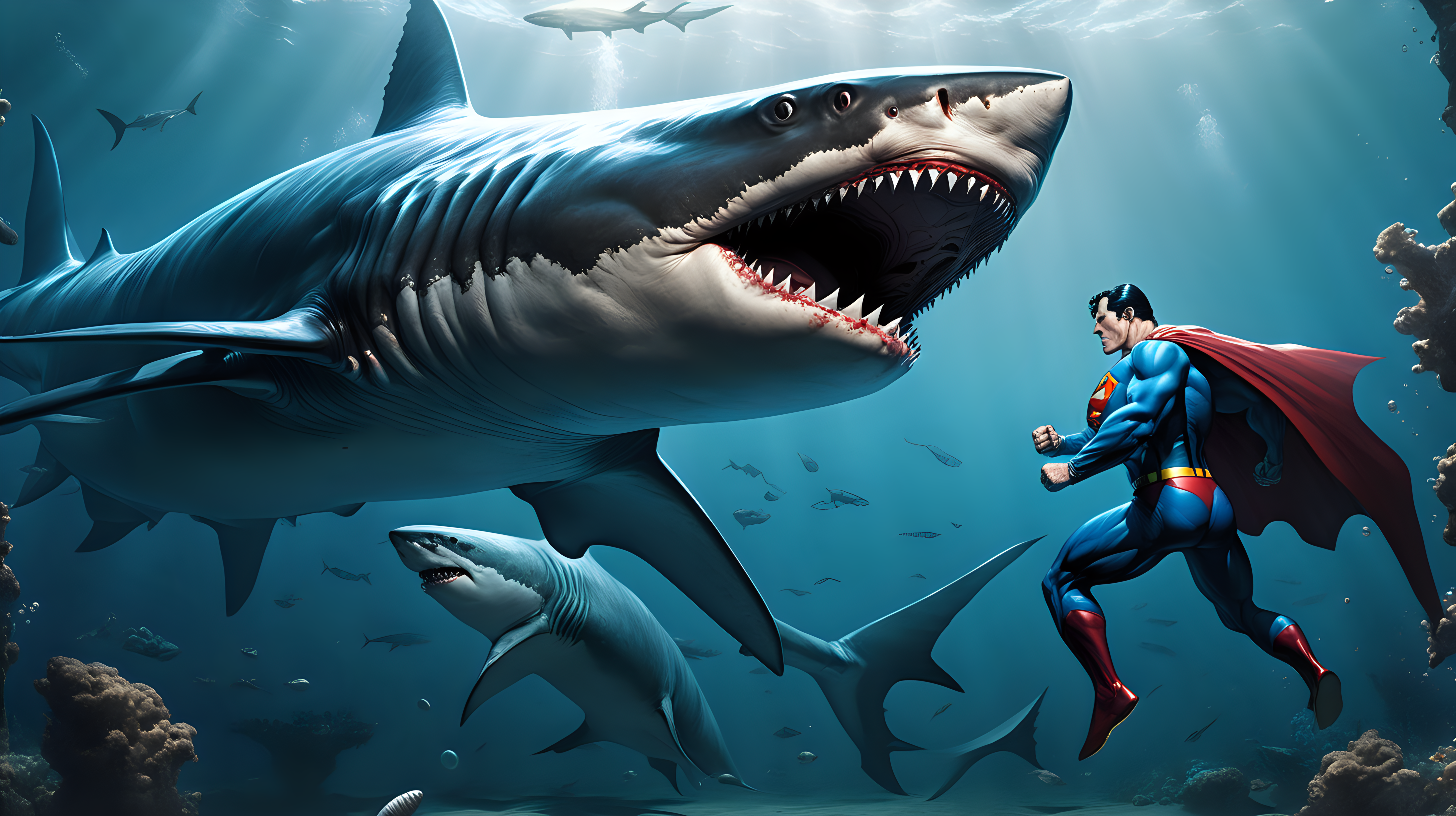 Superman fights a giant shark with legs and wings underwater
