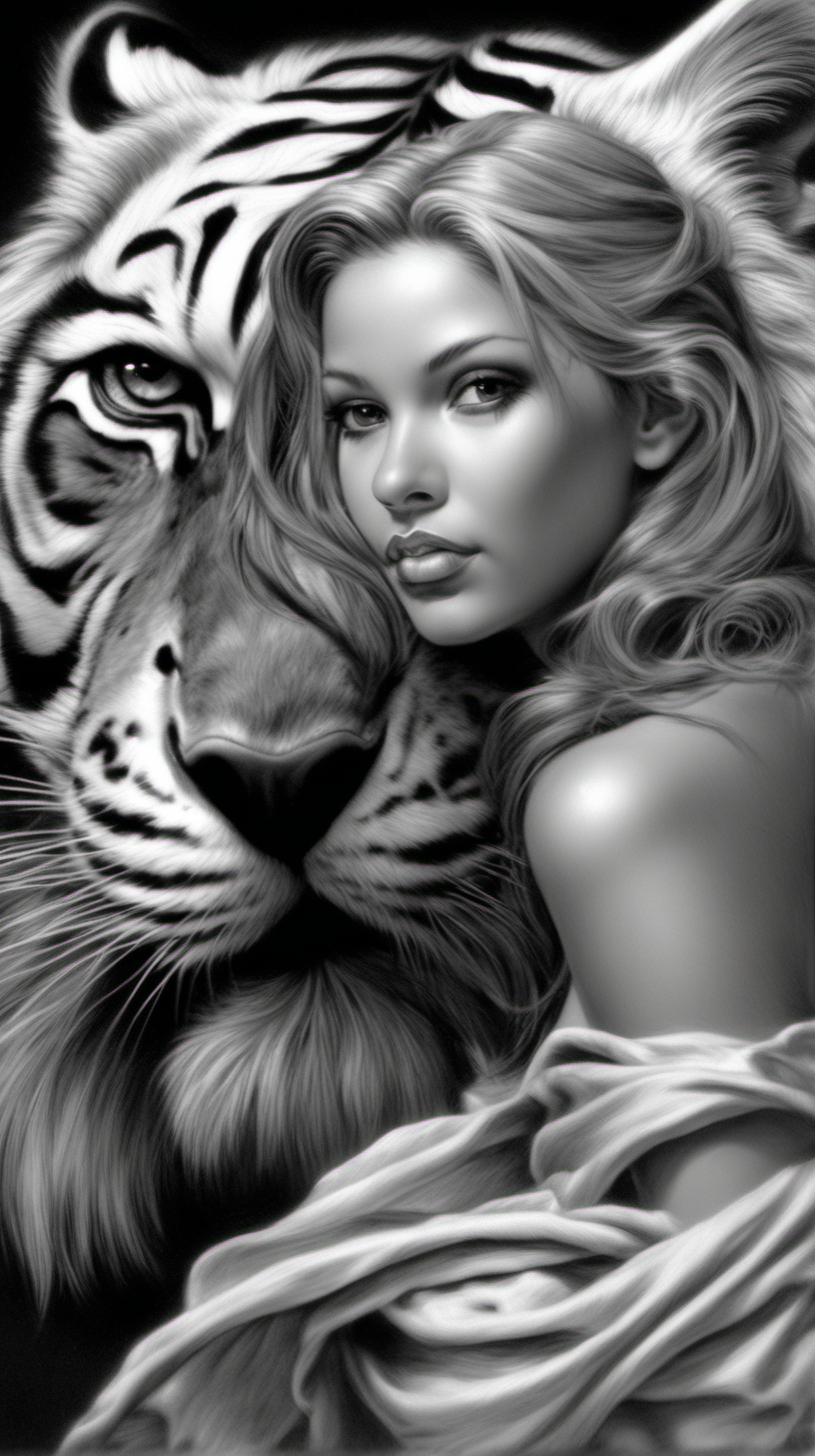 /imagine prompt : a hyper realistic black and gray Boris Vallejo drawing, portraing a beautiful angel by a tiger create a sureal fantasy atmosphere
<background>white papaer
<style>pencil drawing
