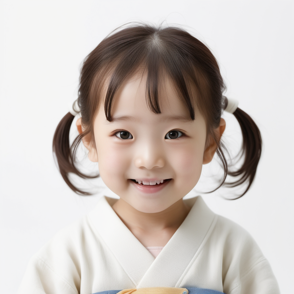 bílé pozadí_reálná tvář_dítě 3 roky_ holka_Japonsko_charakteristický vzhled_pro japonsko holka_usmívají se_je vidět celá hlava