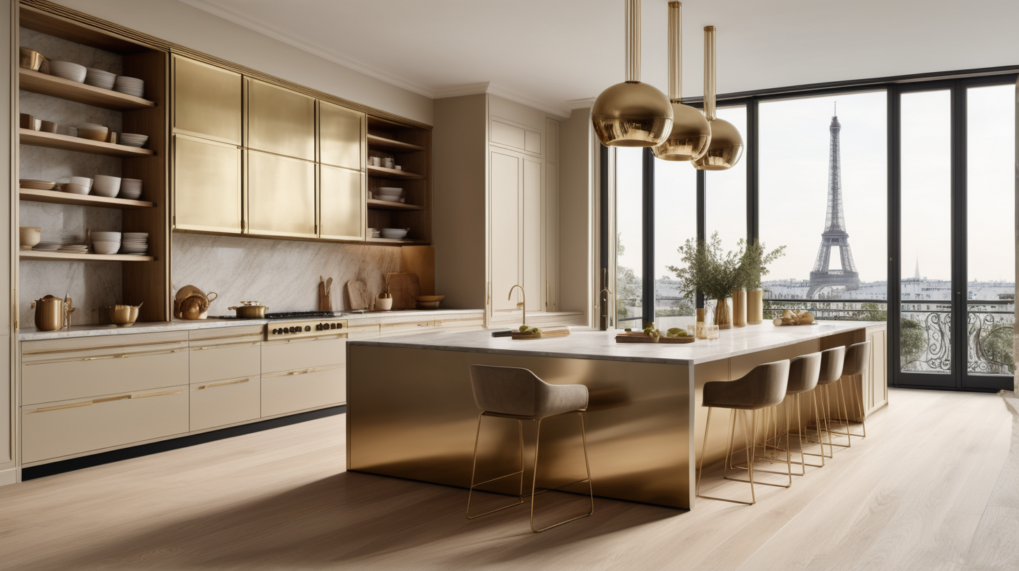 a hyperrealistic image of a Modern Parisian kitchen; island; floor to ceiling windows; beige, oak, brass color palette; 