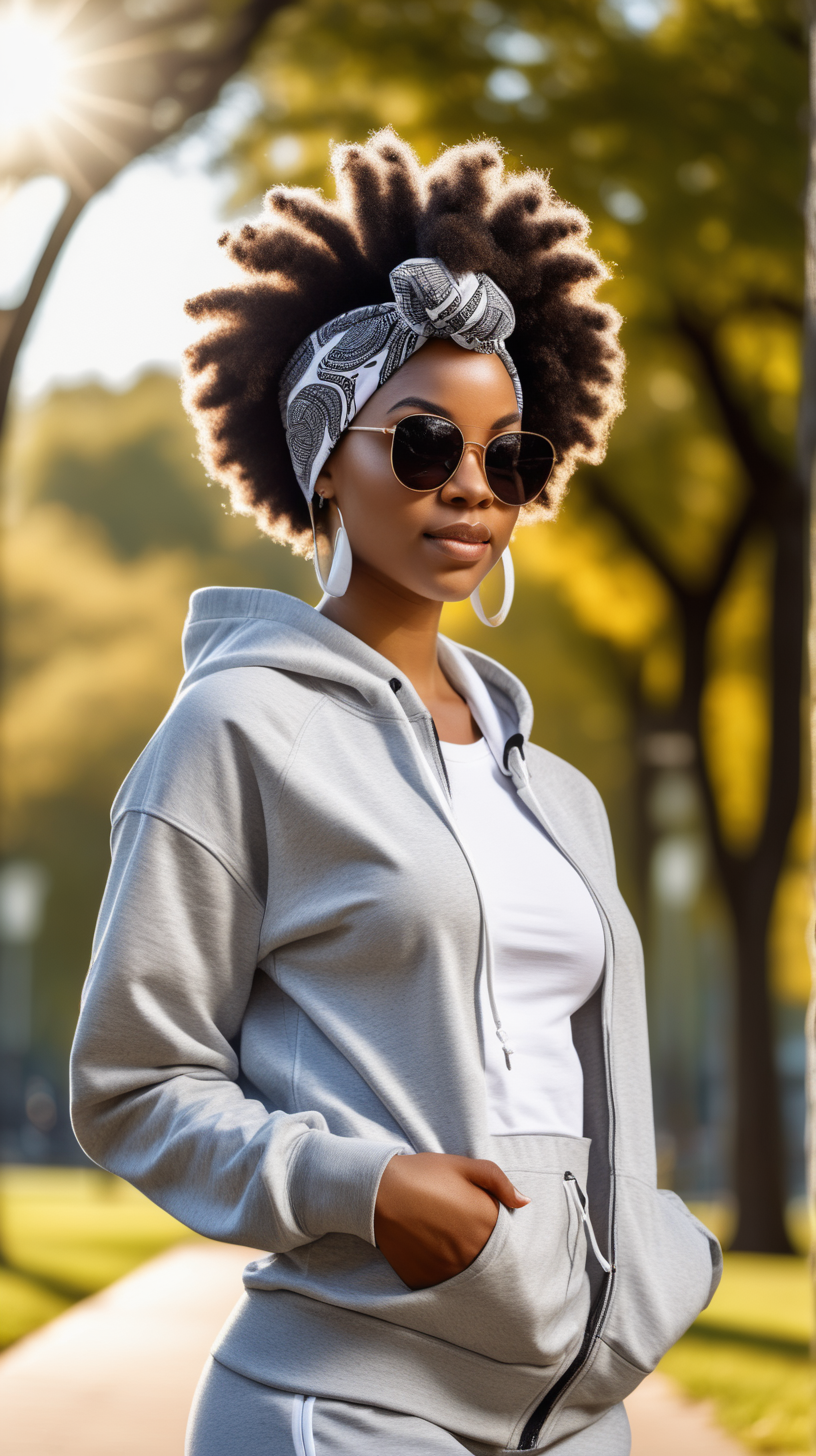 Beautiful black woman, wearing an african print headwrap, wearing a stylish afro, wearing big shades, wearing a light grey, zip-front, hooded sweatshirt, with asmall Phoenix on the left breast area, wearing a white tee shirt, wearing light grey sweatpants, standing in a park, bright morning sun, 4k, high definition, full resolution