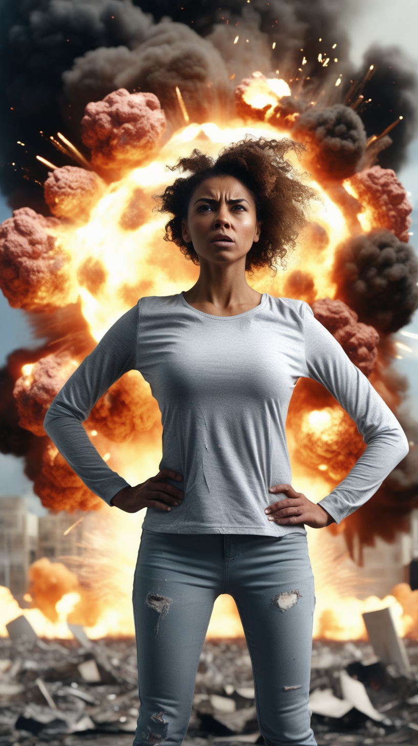 woman standing strong with her hands on her hips with chaos and explosions behind her 4k