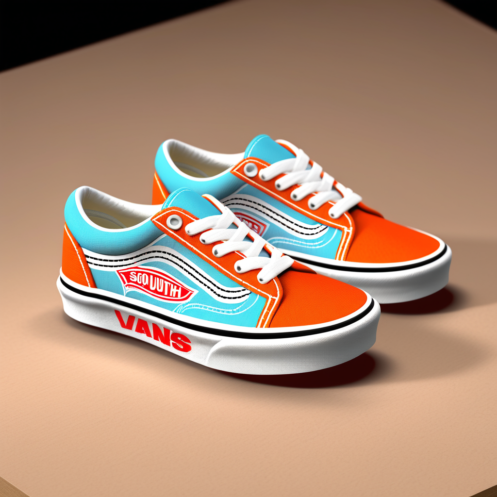 vans sneakers on kids with the word South interstate95 design on them on a mock up
