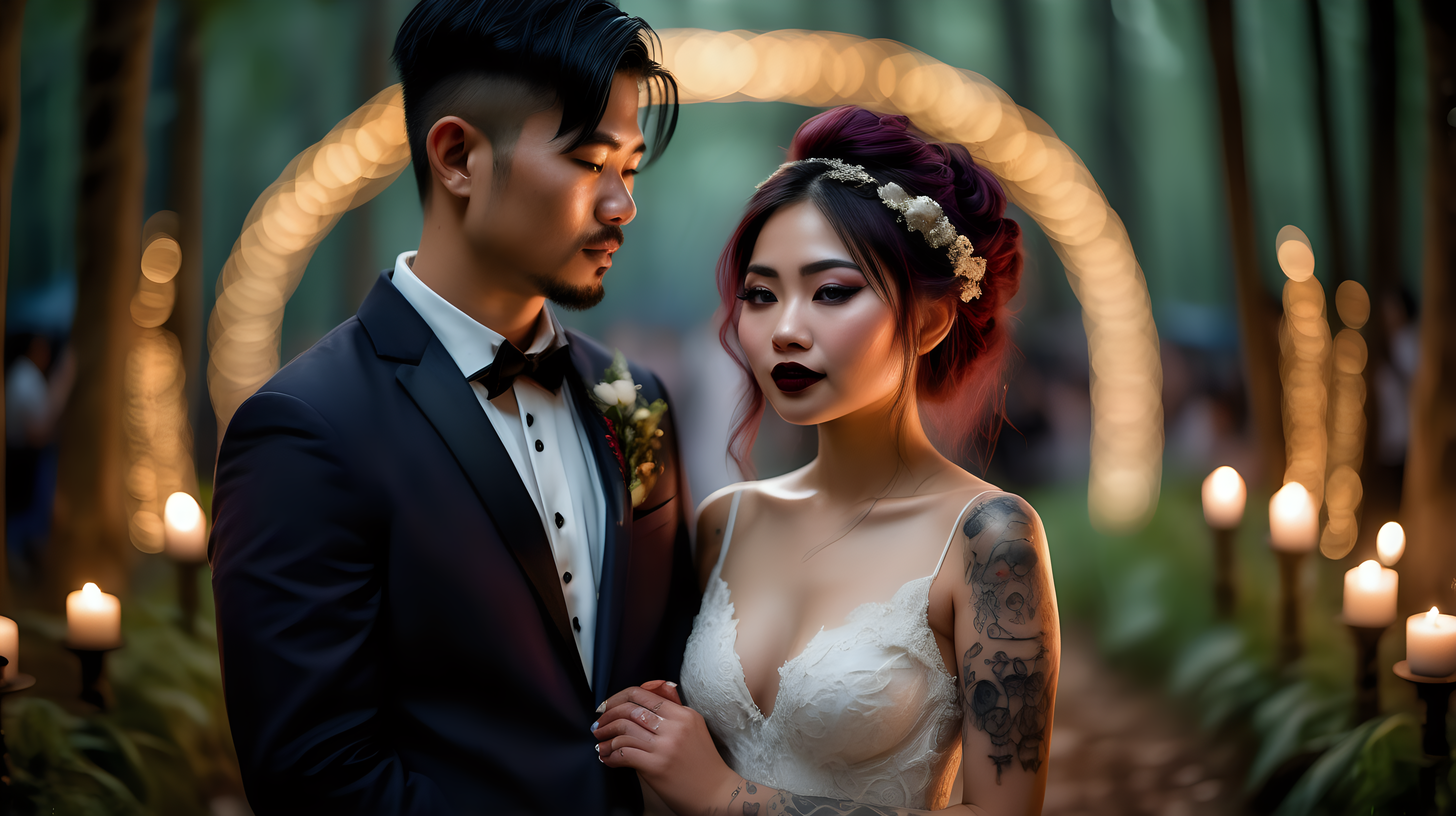 Beautiful Vietnamese woman, body tattoos, dark eye shadow, dark lipstick, hair in a messy updo, wearing a gorgeous wedding dress, bokeh background, soft light on face, stand at a beautiful archway, holding hands with handsome husband, surrounded by guests, in an elaborate candlelit forest wedding, photorealistic, very high detail, extra wide photo, under the moonlight