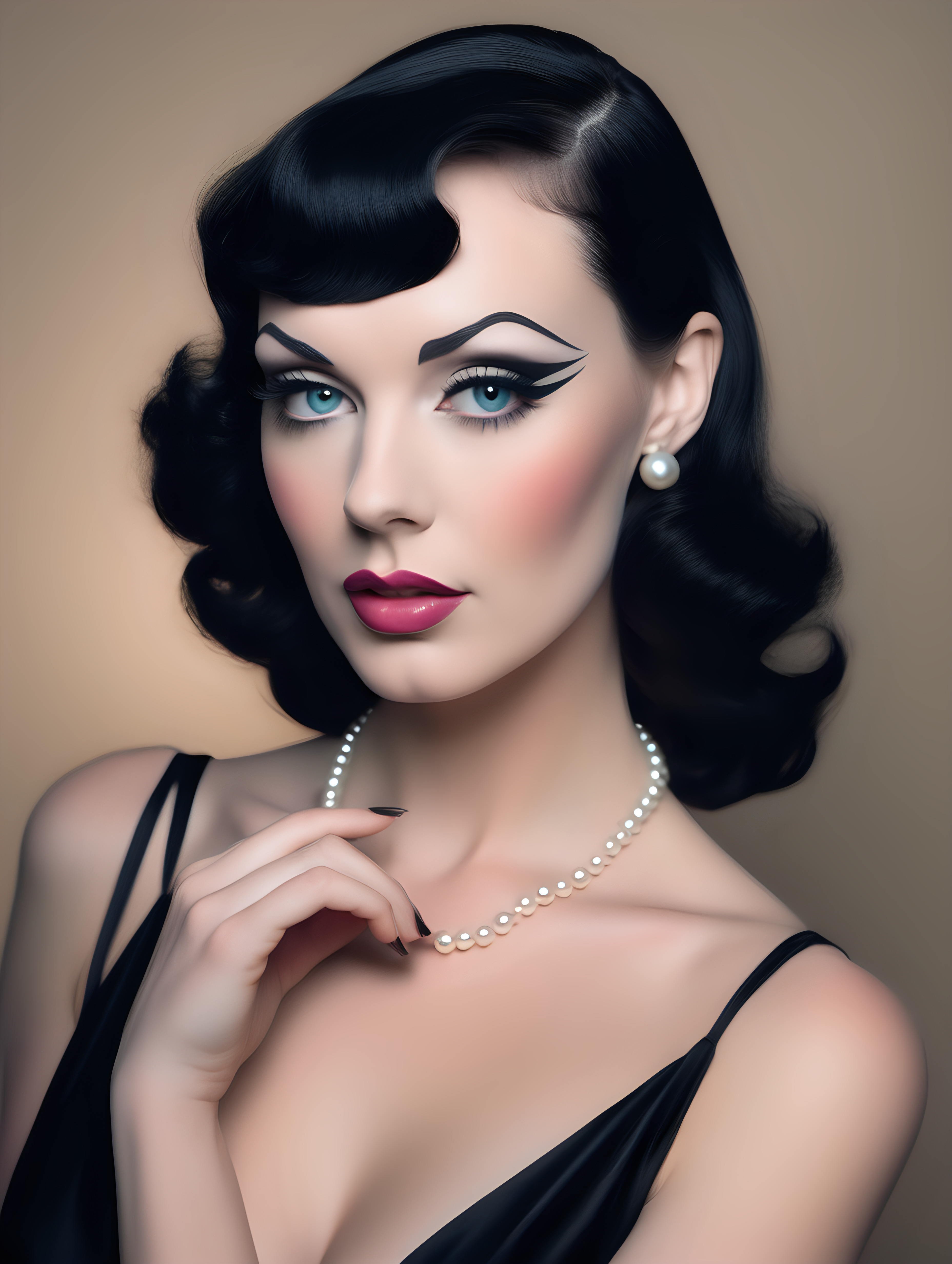 a close up of a nude woman with a black dress and a pearl necklace, perfect colorful eye shadows, inspired by BETTY Page, perfect body face and hands, profile picture, images on the sales website, beautiful android woman, muted colour