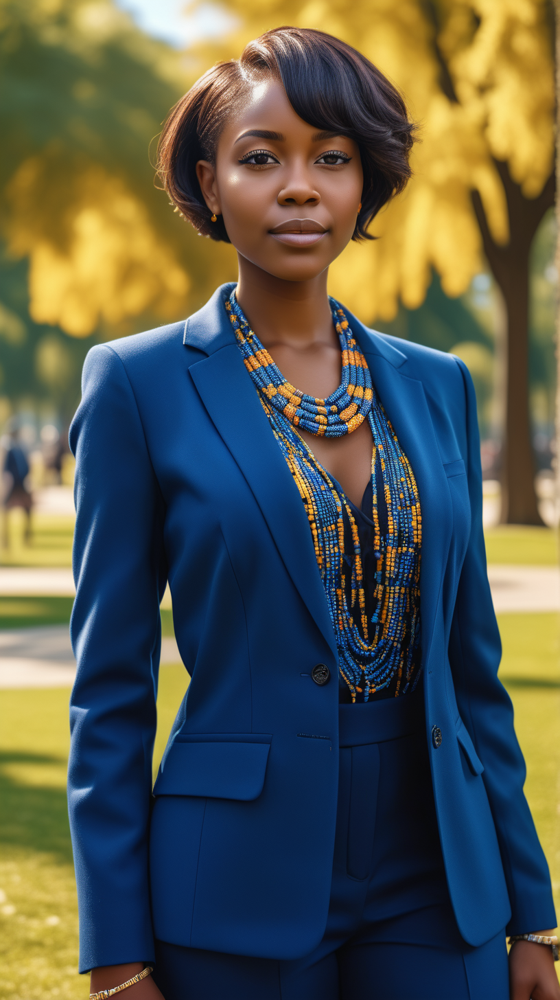 A handsome, intelligent black, female, wearing a, short hair, wearing a blouse, wearing a elegant, string of African, Wearing a blue, two piece, women's wool suit, in a park, brightly lit, modern day, sunny, in Ultra 4K, High Definition, full resolution, hyper realism