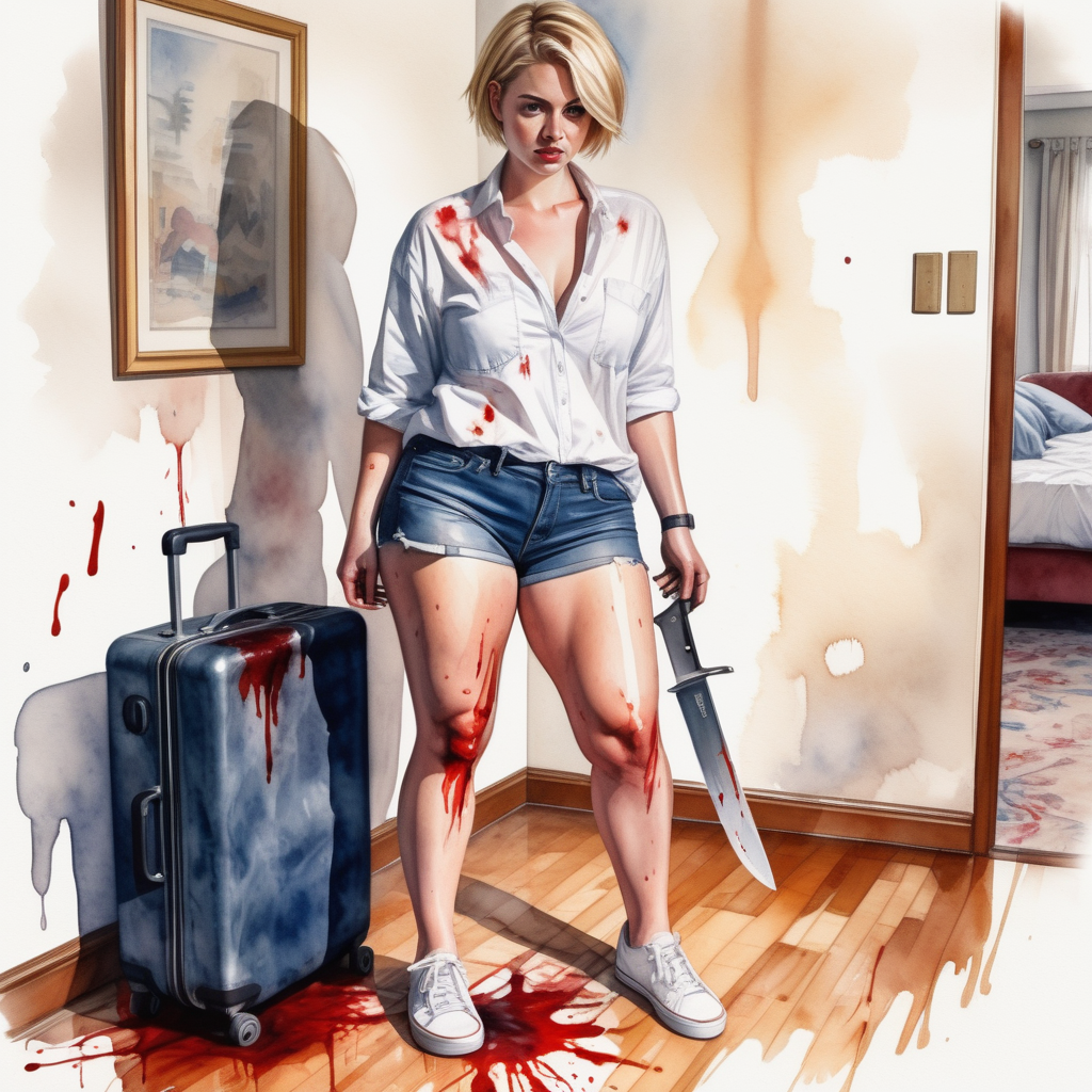 sexy curvy blonde woman, short hair, wide hips and big ass, white shirt, denim shorts and sneakers on her feet, with a knife in her blood-stained hand, stepping on top of a large suitcase on the floor of a living room in a house., image based in watercolor paint.