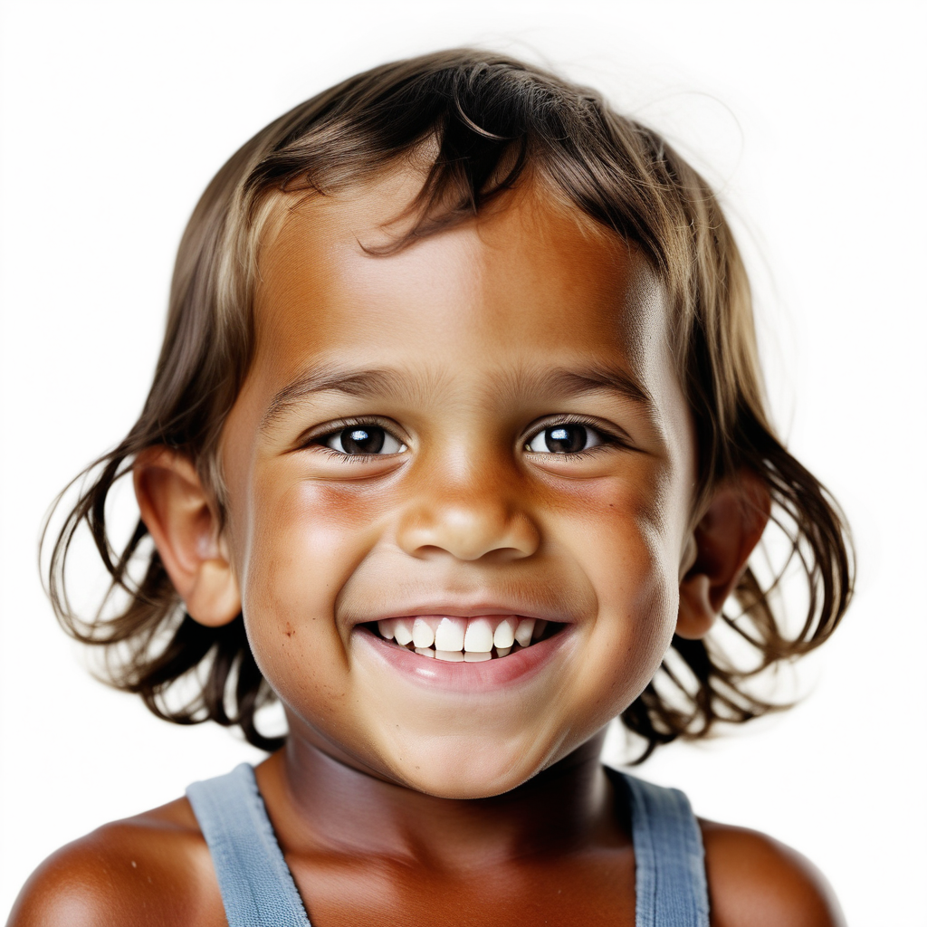 bílé pozadí_reálná tvář_dítě 3 roky_ kluk_Austrálie_Aboriginové_usmívají se_je vidět celá hlava_usmívá se