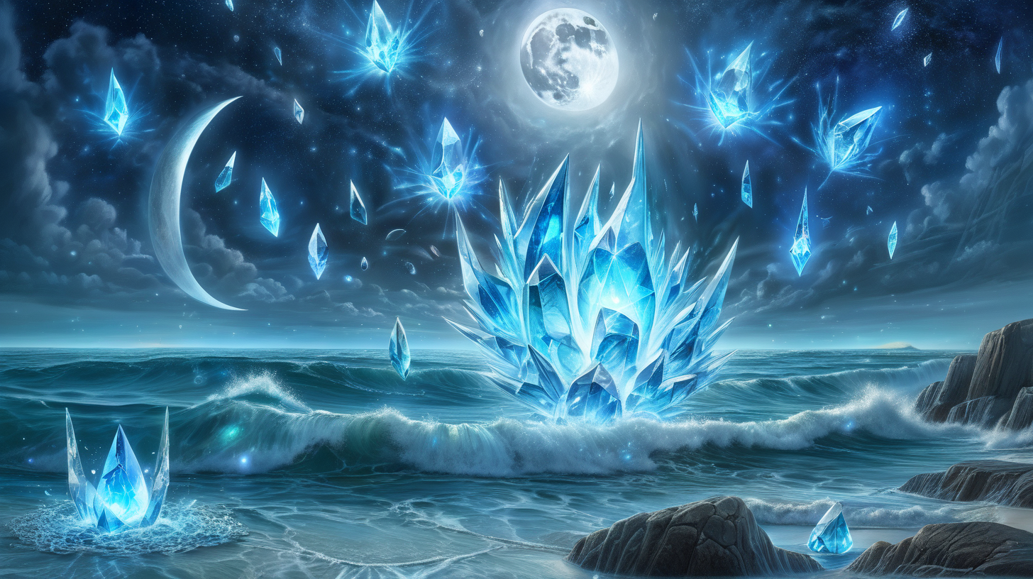 Blue crystals emerging from the ocean thunder striking