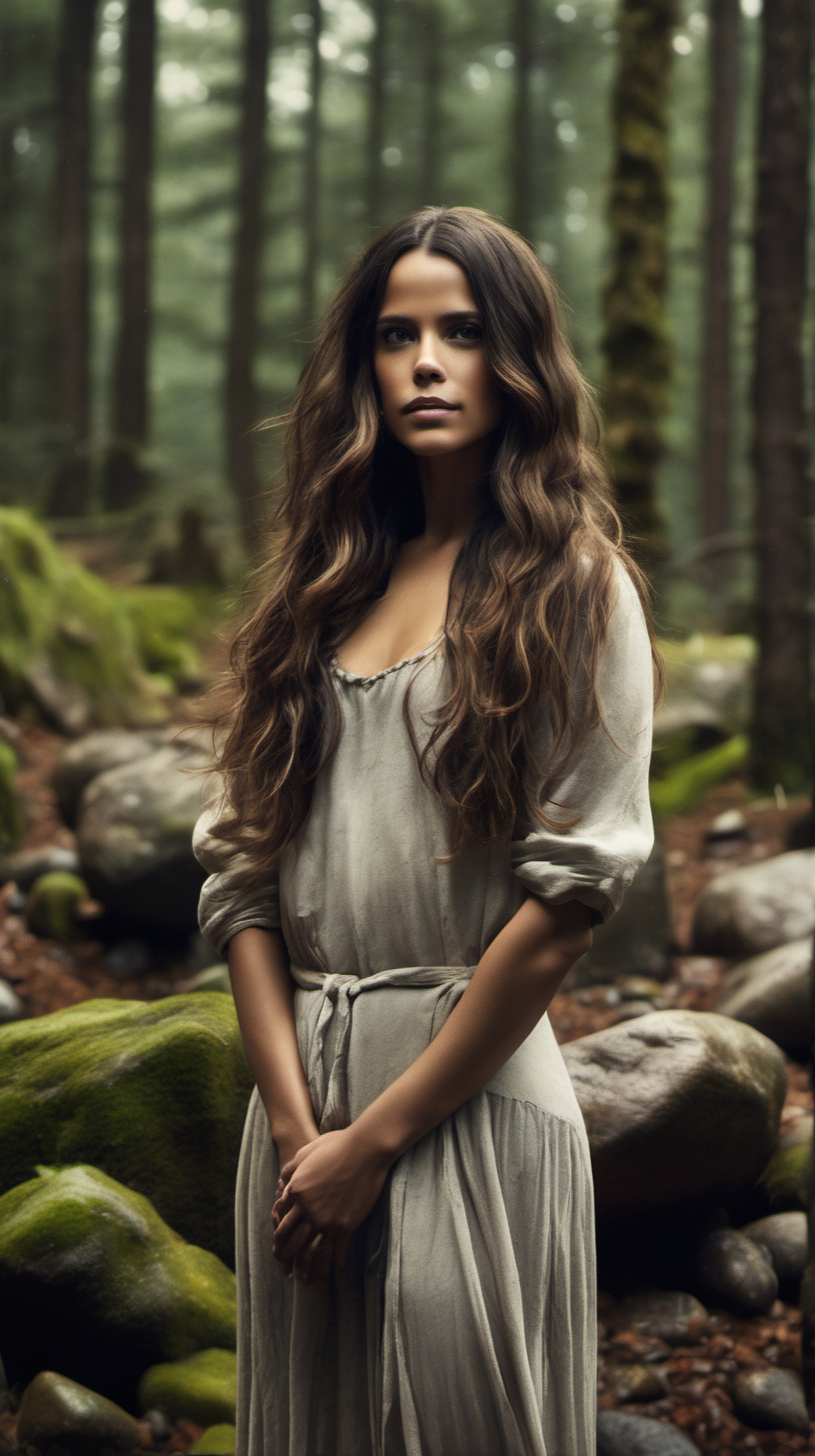 Actress Alba Baptista, with long, wavy brunette hair, standing in a forest with rocks and dirt floating around her magically.