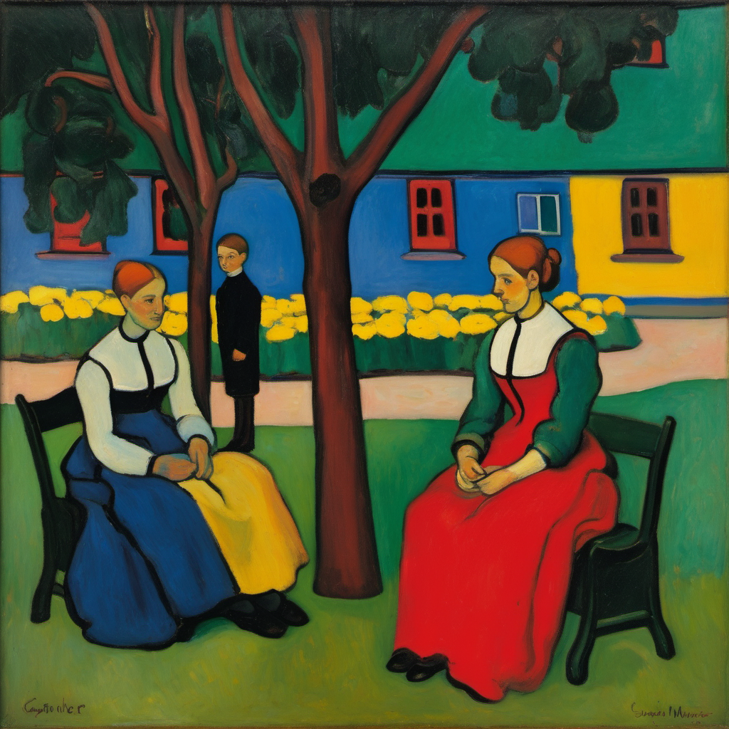 A family sitting in Gabriele Münter's garden, Gabriele Münter oil painting