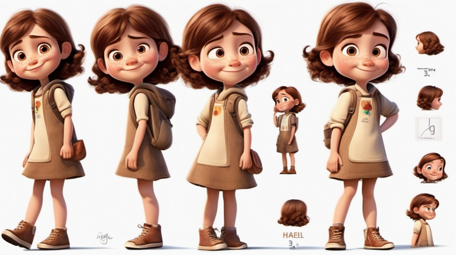 imagine 5 year old short girl with brown hair, fair skin, hazel eyes, use Pixar animation, use white background and make it full body size