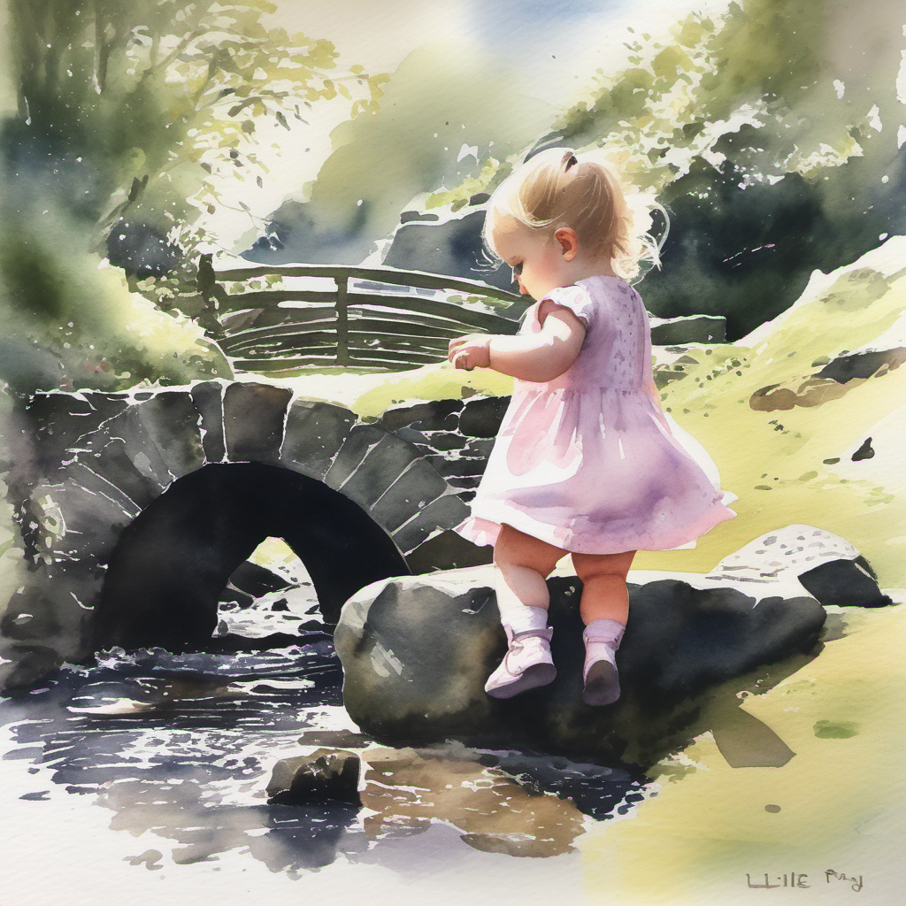 A watercolour painting of beautiful baby girl Lillie playing at fairy bridge on the Isle of Man