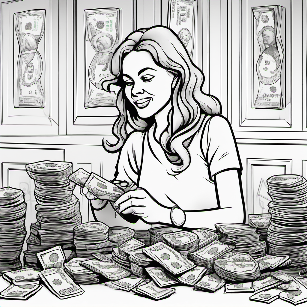 create an image without color for kids' coloring book of a woman counting money