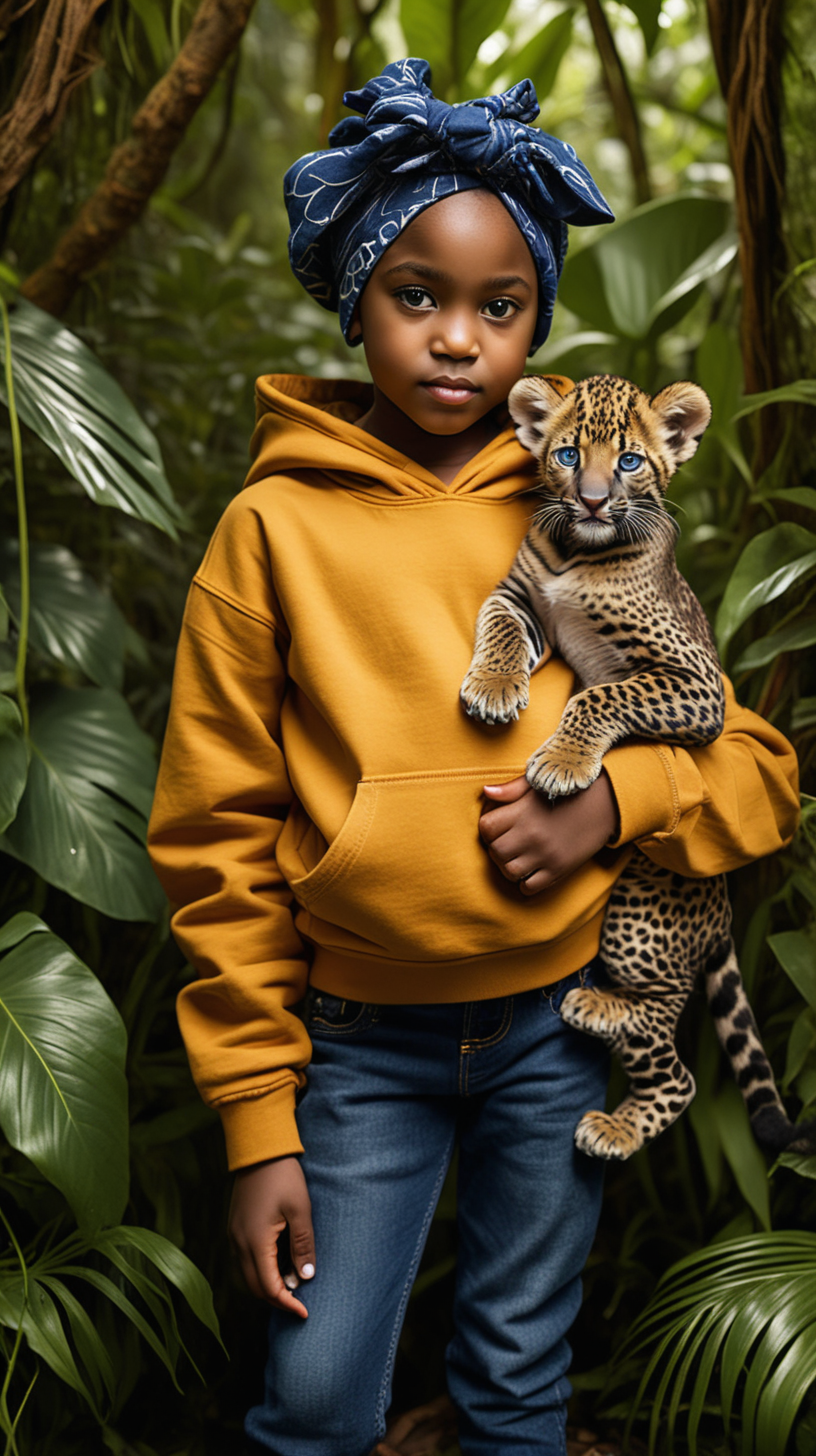 A pretty, little black girl wearing an african print head wrap, wearing a mustard hoody, and indigo blue denim jeans, standing in a lush jungle, holding a panther cub,