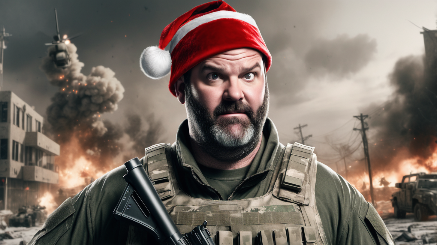 middle aged man who resembles a thinner tom segura wearing a santa hat, as a soldier in the call of duty video game with a background of an apocalypse, no other people