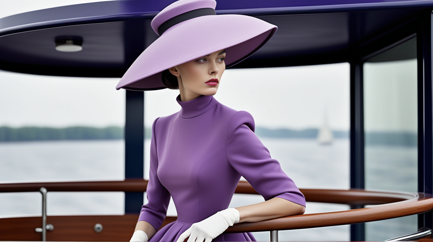 The brunette woman wearing  a long purple dress from Balenciaga and in stylish hat stands on the upper deck of a cruise ship  and looks into the distance 