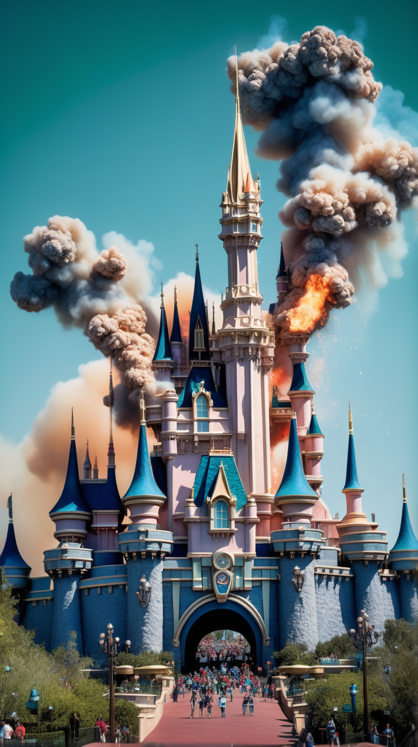 /imagine prompt : An ultra-realistic photograph ,landscape, armageddon day, Disneyland burning and destroying
sureal hyper realistic
sky is Blue-green
towers of Disneyland are blurred and flow 
 The image, shot in high resolution and a 16:9 aspect ratio, –ar 9:16 –v 5.2 –style raw