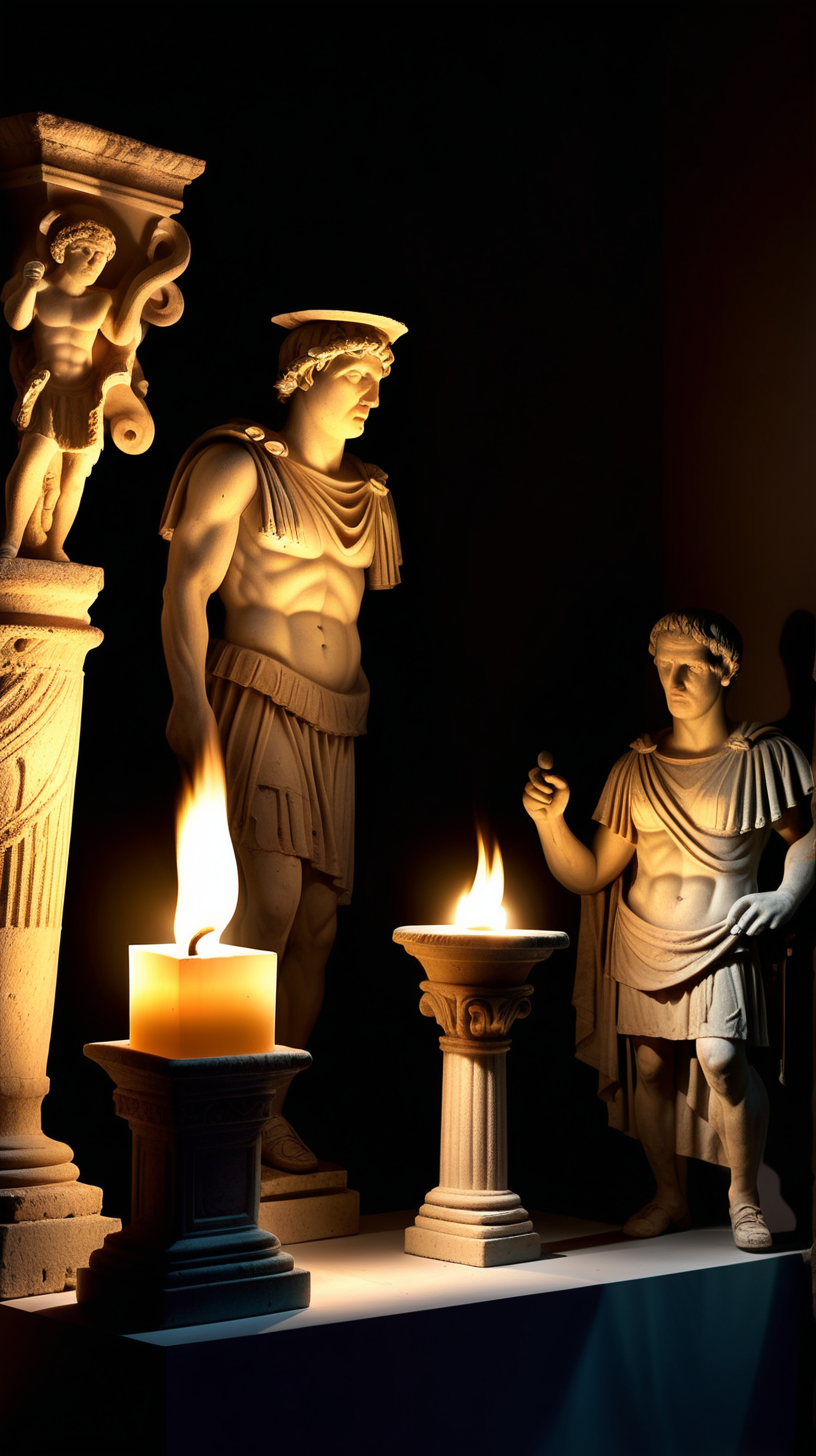 Flickering torchlight casts shadows on ancient Roman artifacts
