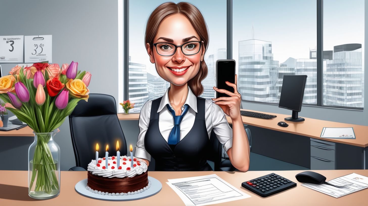 caricature with a woman how work as an accountant at WIN EXPERT . iN OFFICE ARE many flowers and a cake with  a candle number 30 on it The girl should have a phone in her hand. T